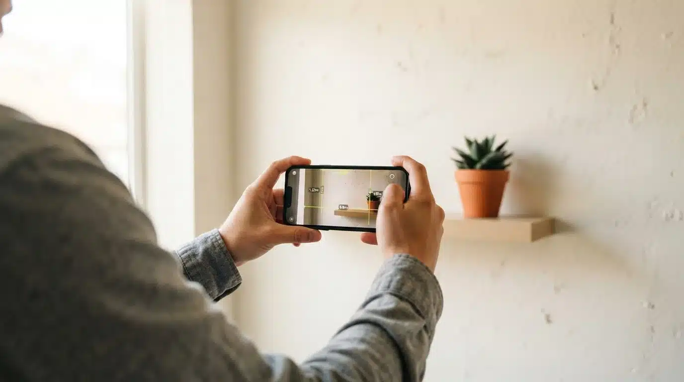 A person using a smartphone with an augmented reality app to measure a wall, showcasing advanced AR spatial mapping features for home design.