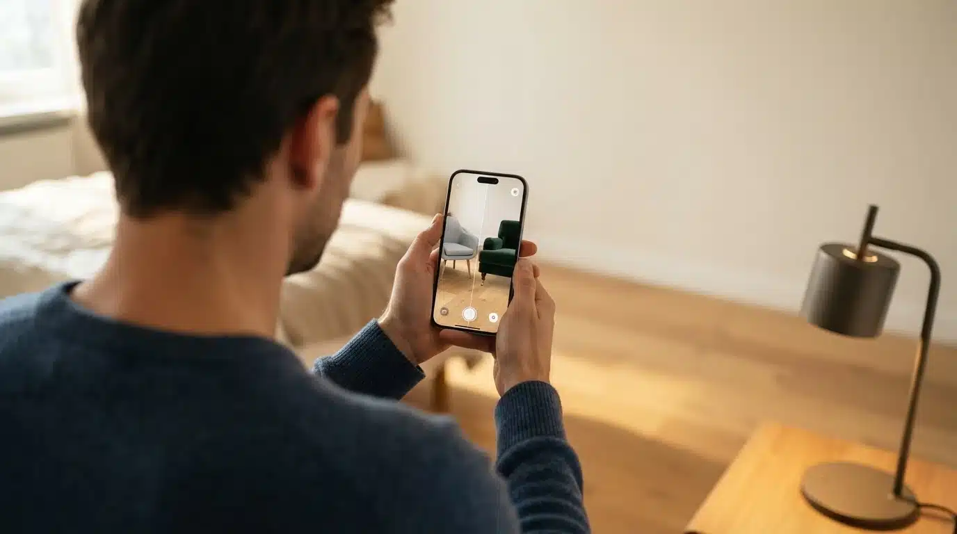 A person comparing two virtual armchair options side-by-side on a smartphone using an AR app, demonstrating how to choose the right decorating tool.