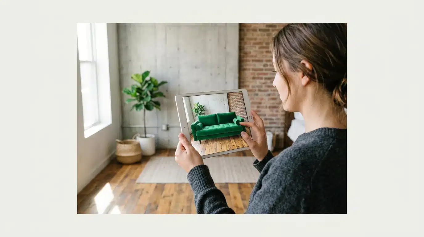 A woman using an augmented reality app on a tablet to visualize an emerald green sofa in her modern living room, demonstrating AR's impact on home decorating.