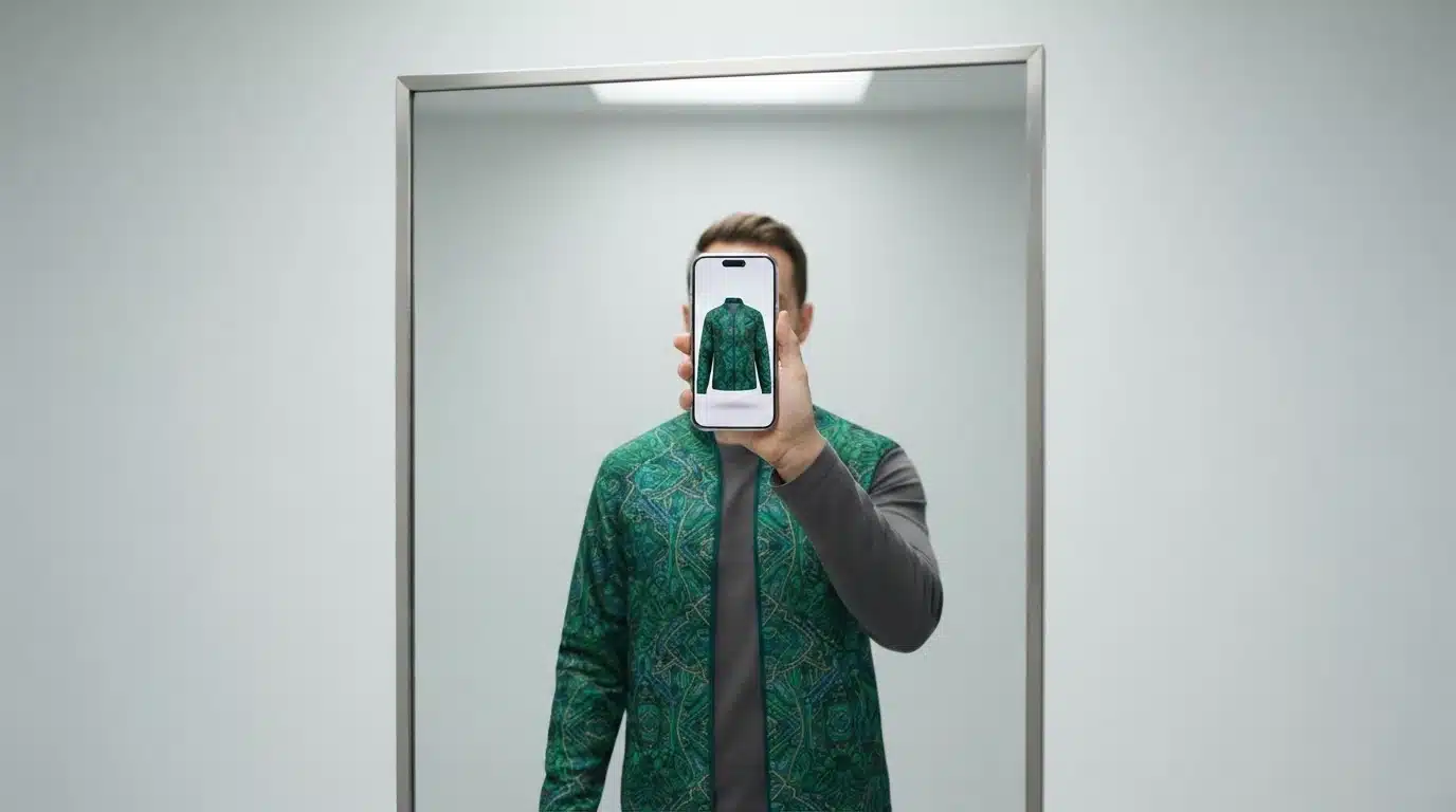 A person trying on a virtual green and blue jacket using an augmented reality app on a smartphone, reflected in a mirror.