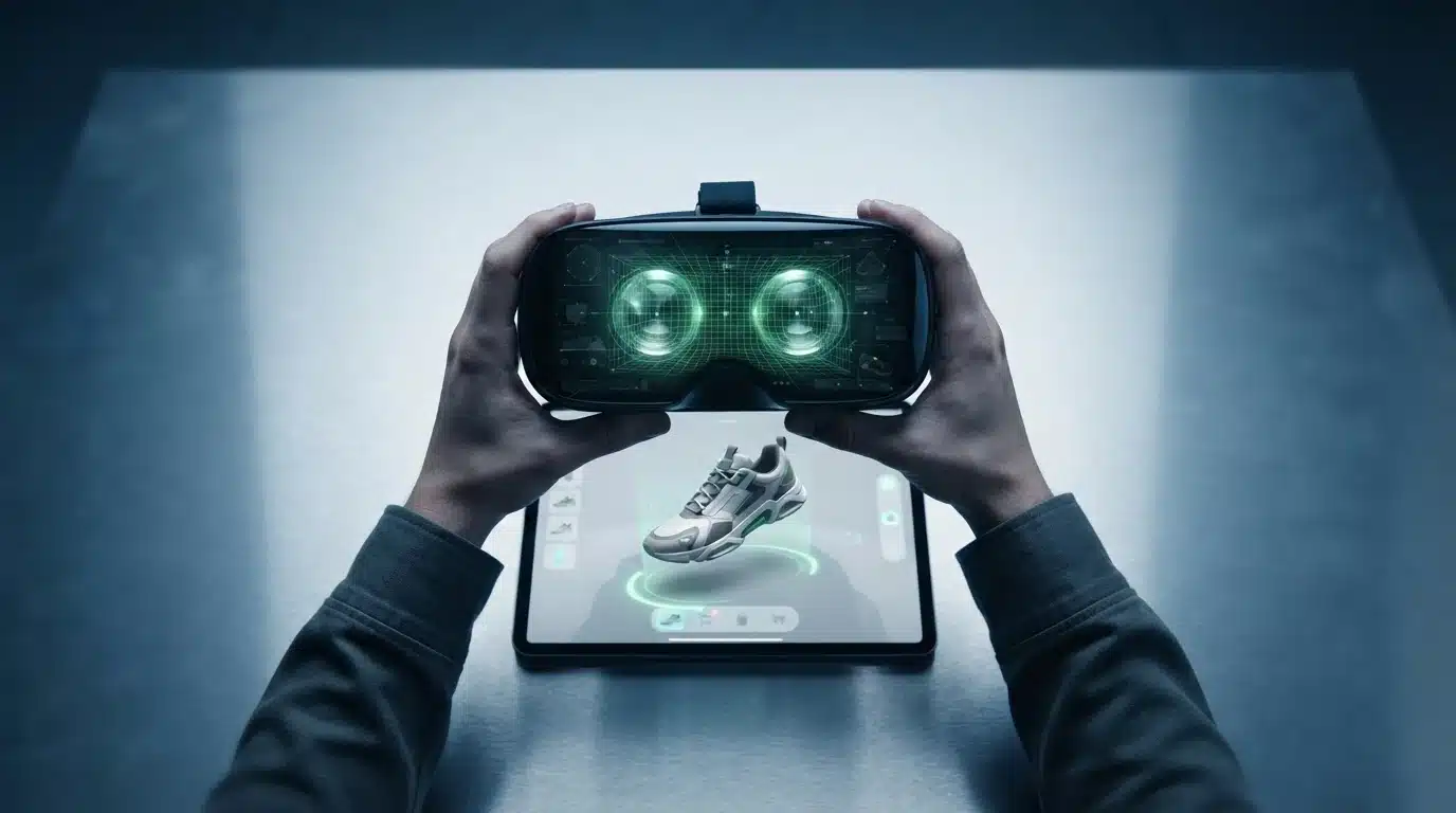 Person's hands holding a VR headset displaying a green grid interface, with a tablet showing an AR shopping app and a 3D shoe model on a brushed aluminum table.