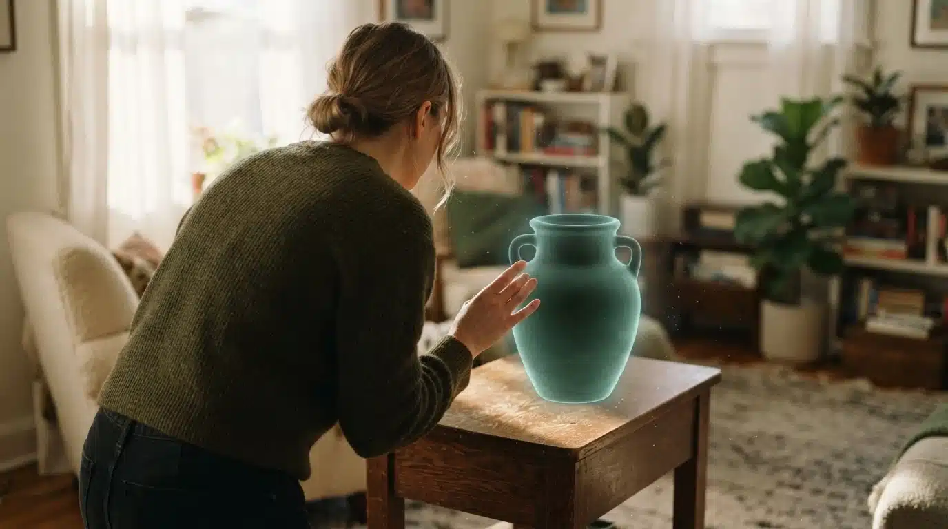 A person interacting with an augmented reality projection of a dark green ceramic vase on a wooden side table in their living room.