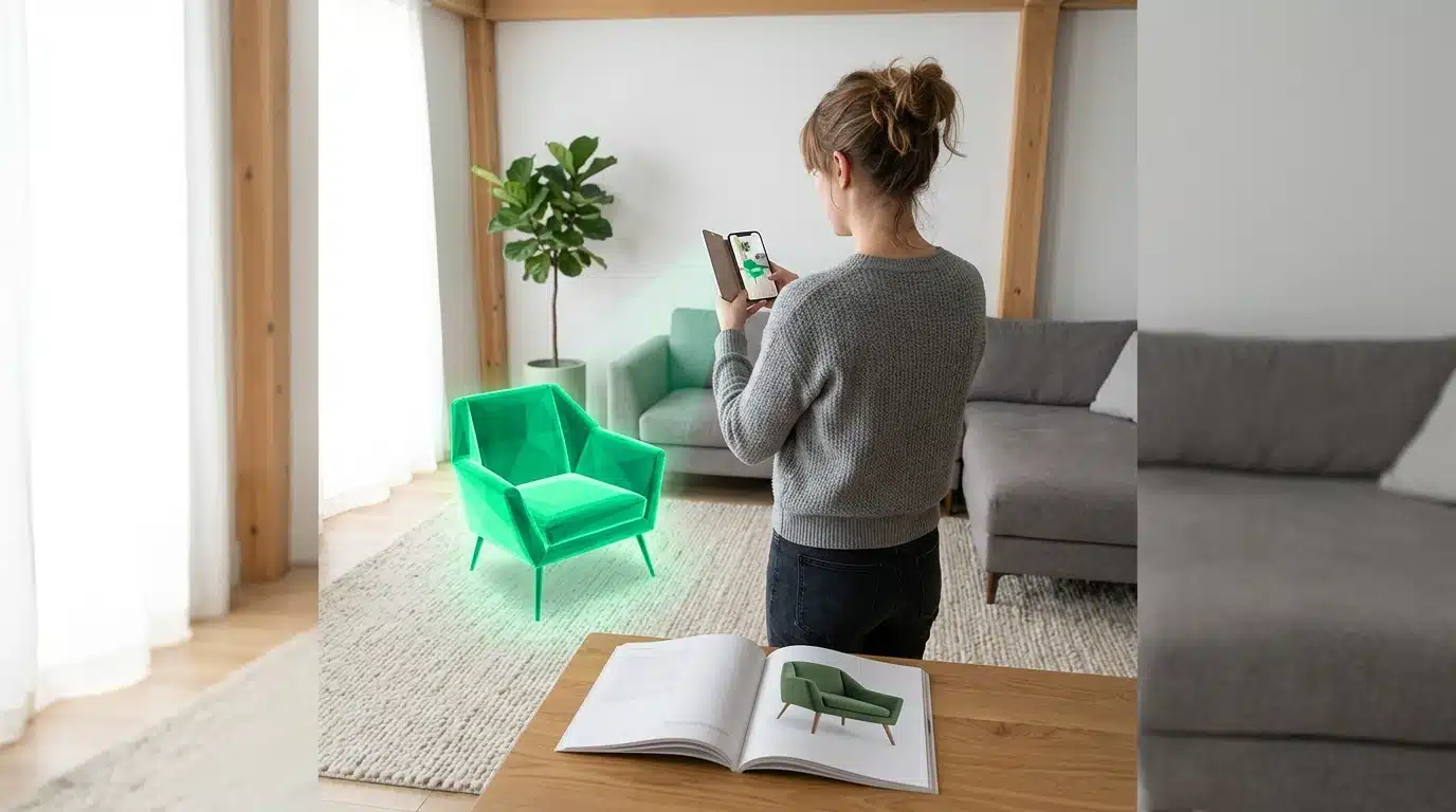 A person using a smartphone to project an augmented reality 3D model of an armchair into their living room, contrasting with a physical catalog showing the same armchair.