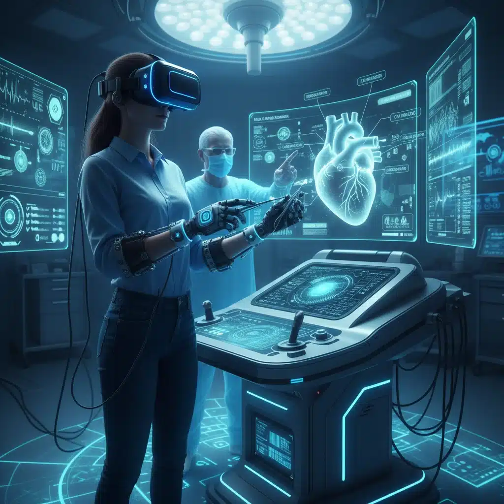 Medical student training in a realistic VR surgical simulation with haptic feedback.