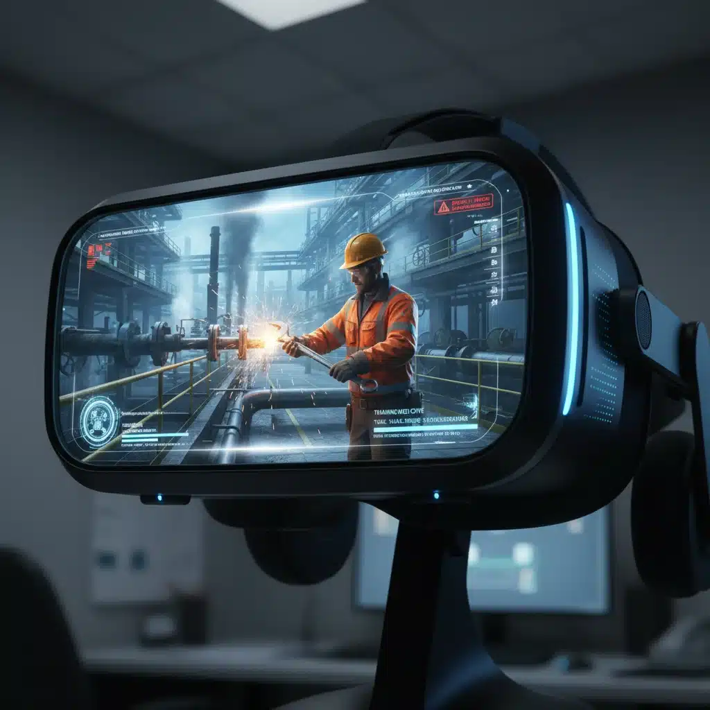 VR headset displaying industrial safety training simulation.