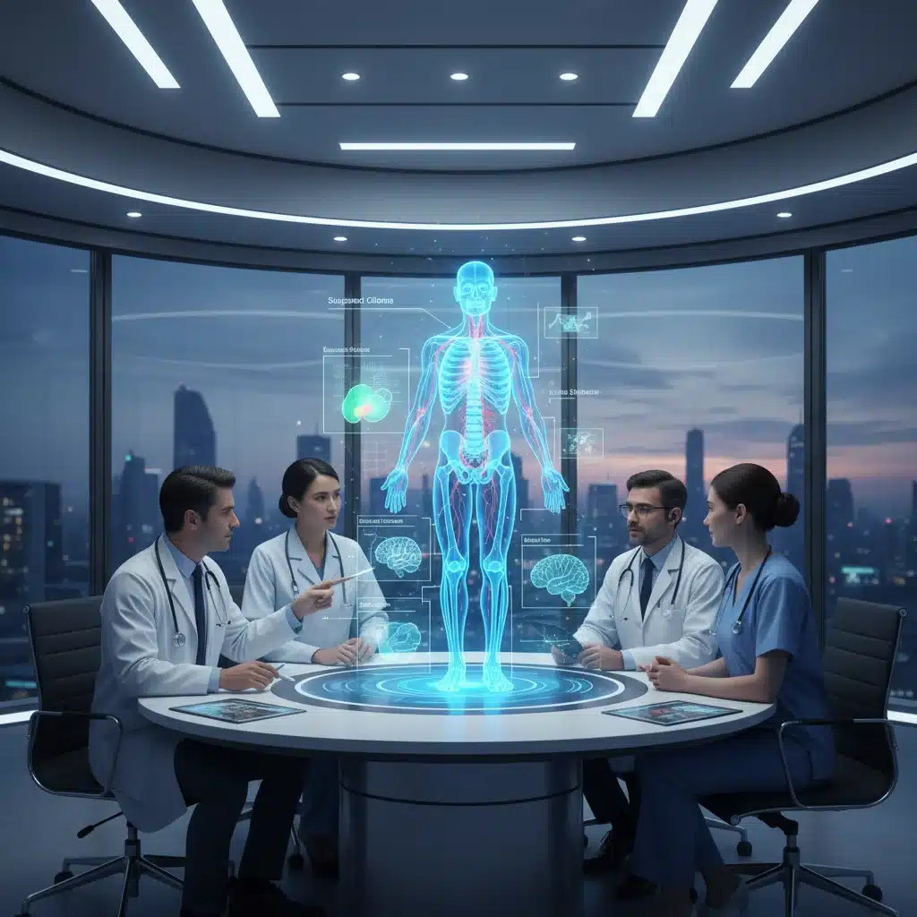Medical team collaborating around a holographic patient for VR diagnostics.