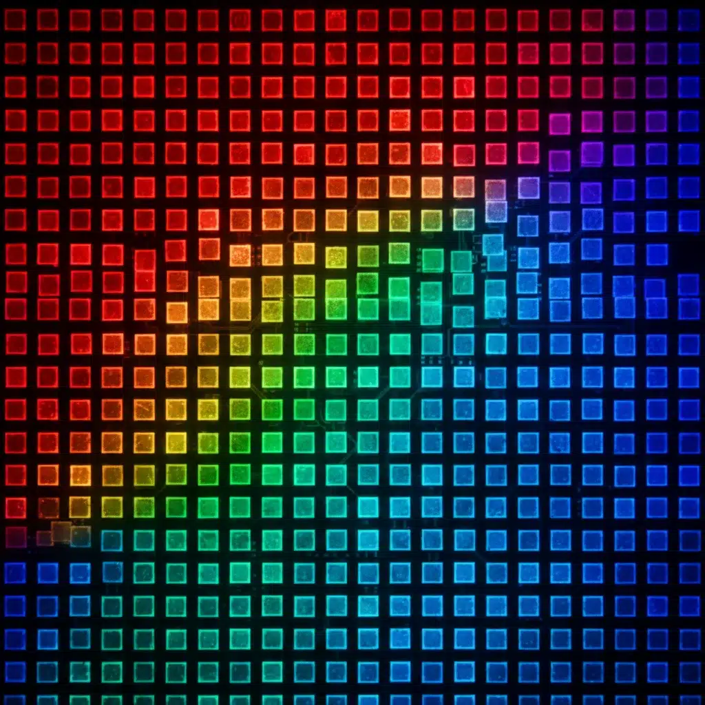 Microscopic view of a Micro-LED display, showcasing individual diodes and vibrant color pixels.