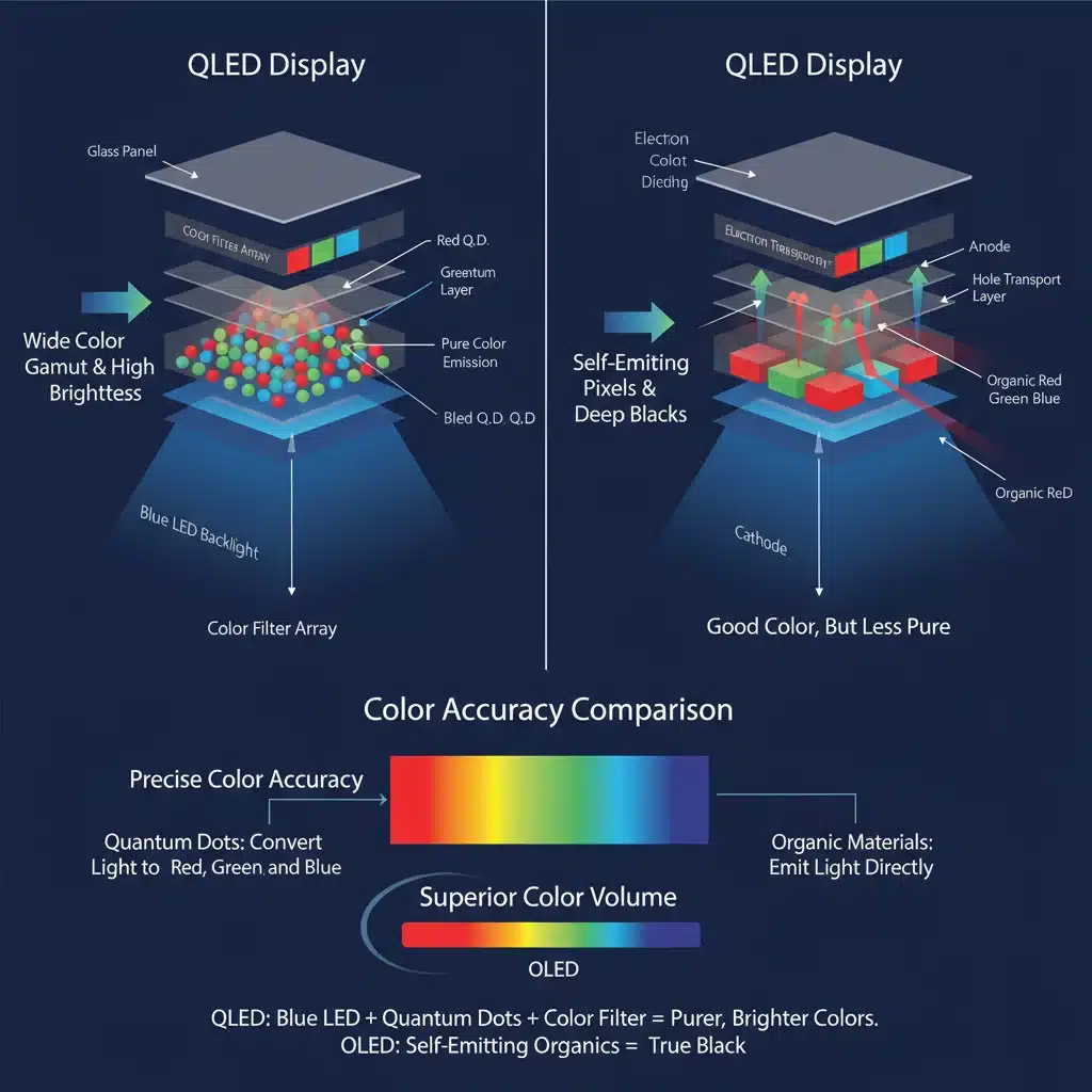 Diagram illustrating QLED display technology with quantum dots, emphasizing superior color and brightness compared to OLED.