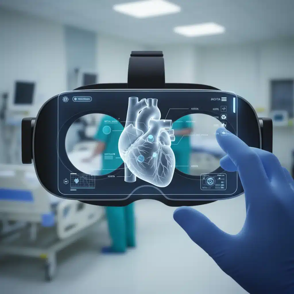 Detailed anatomical heart model displayed in a VR headset for medical education.