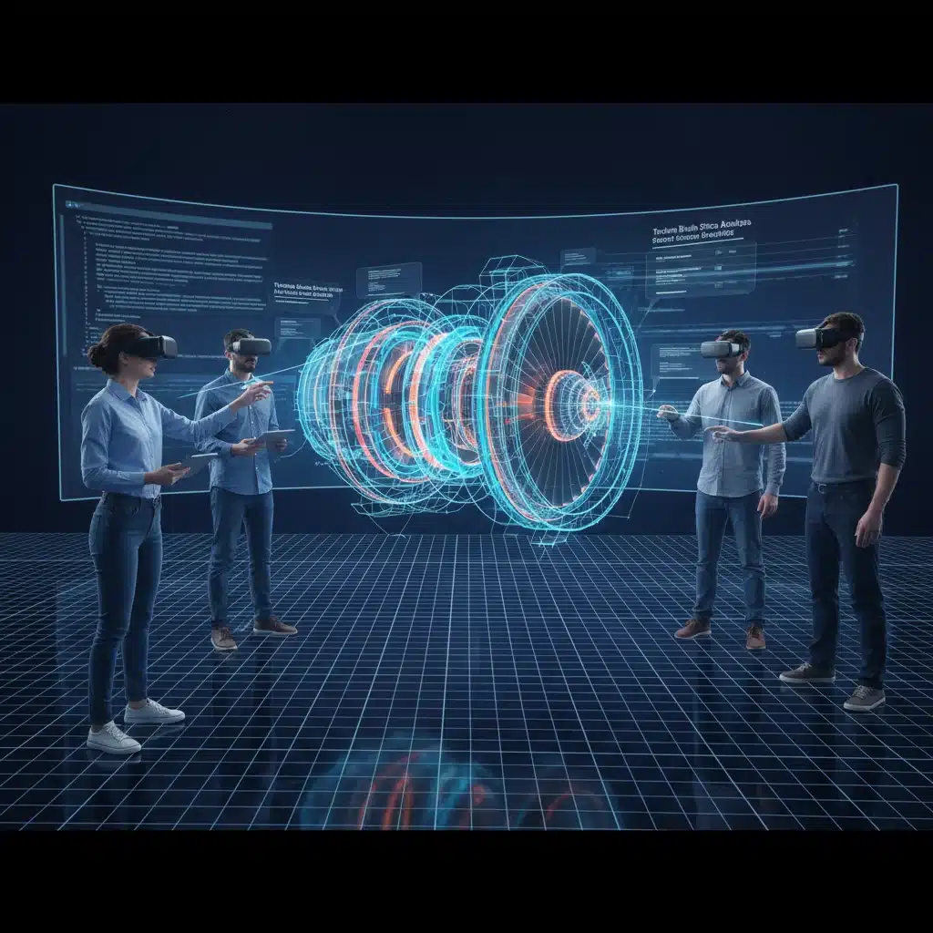Engineers collaborating in a VR environment, reviewing a 3D engine model.