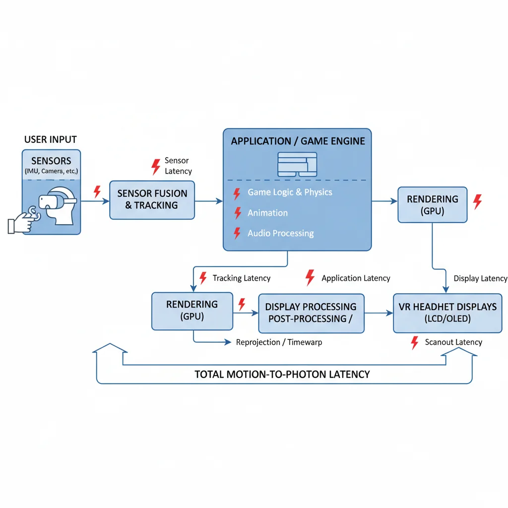 VR data flow pipeline diagram showing latency points