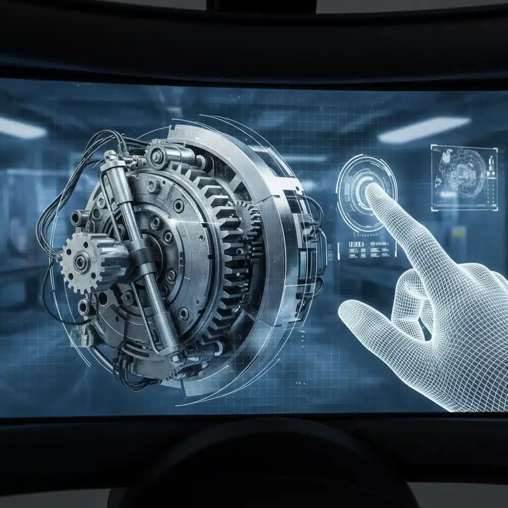 High-fidelity VR display showing detailed industrial machinery for training