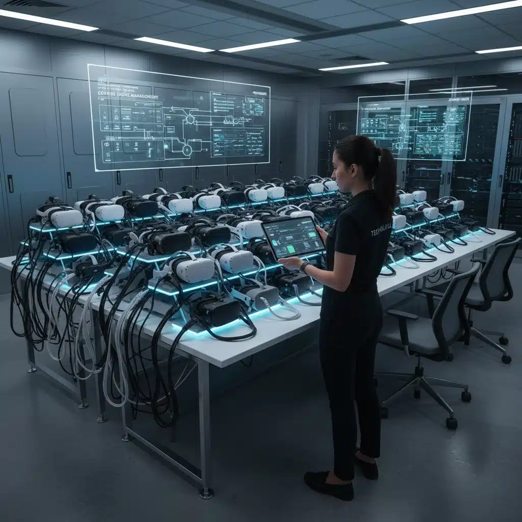 IT professional managing multiple VR headsets on a charging station