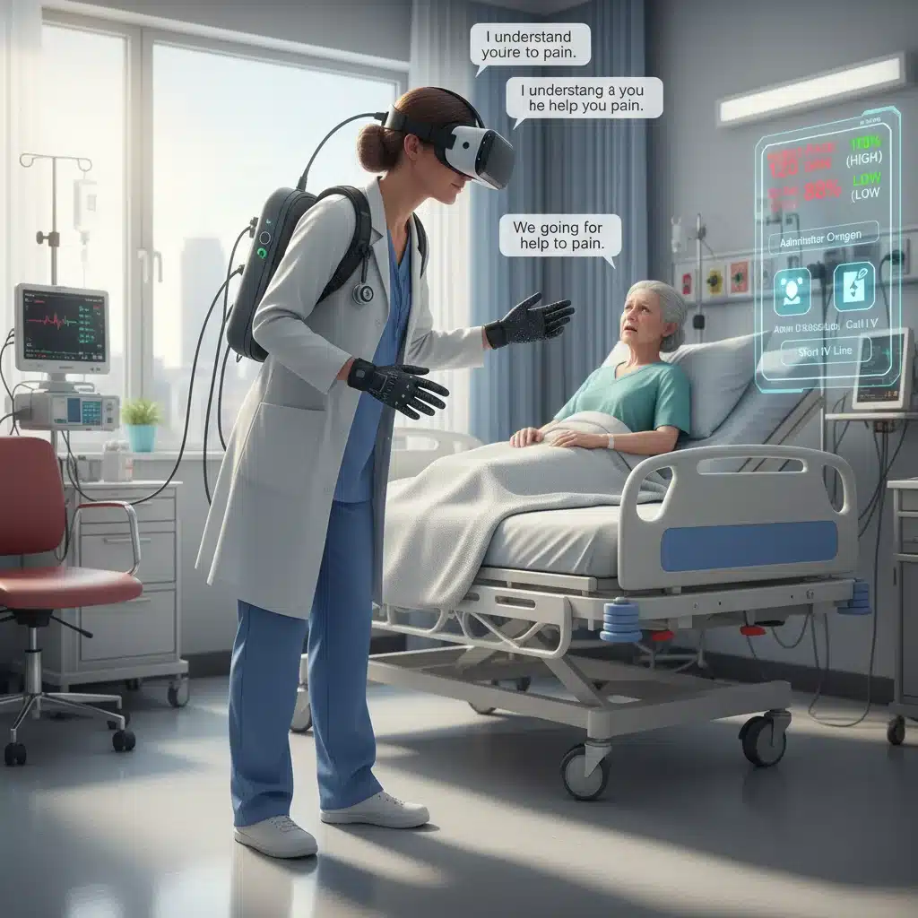 Nurse practicing patient communication and emergency response in a realistic VR hospital simulation.