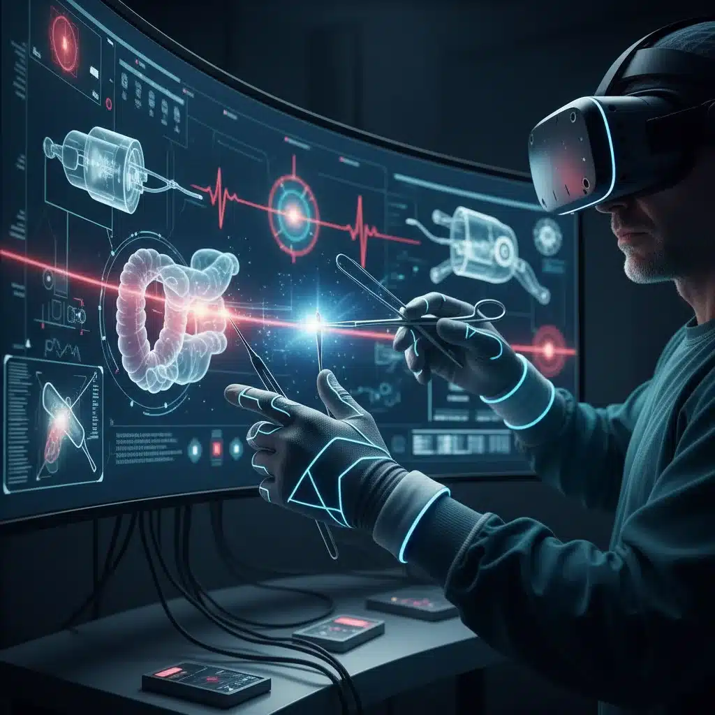 Surgeon performing virtual reality surgical simulation.